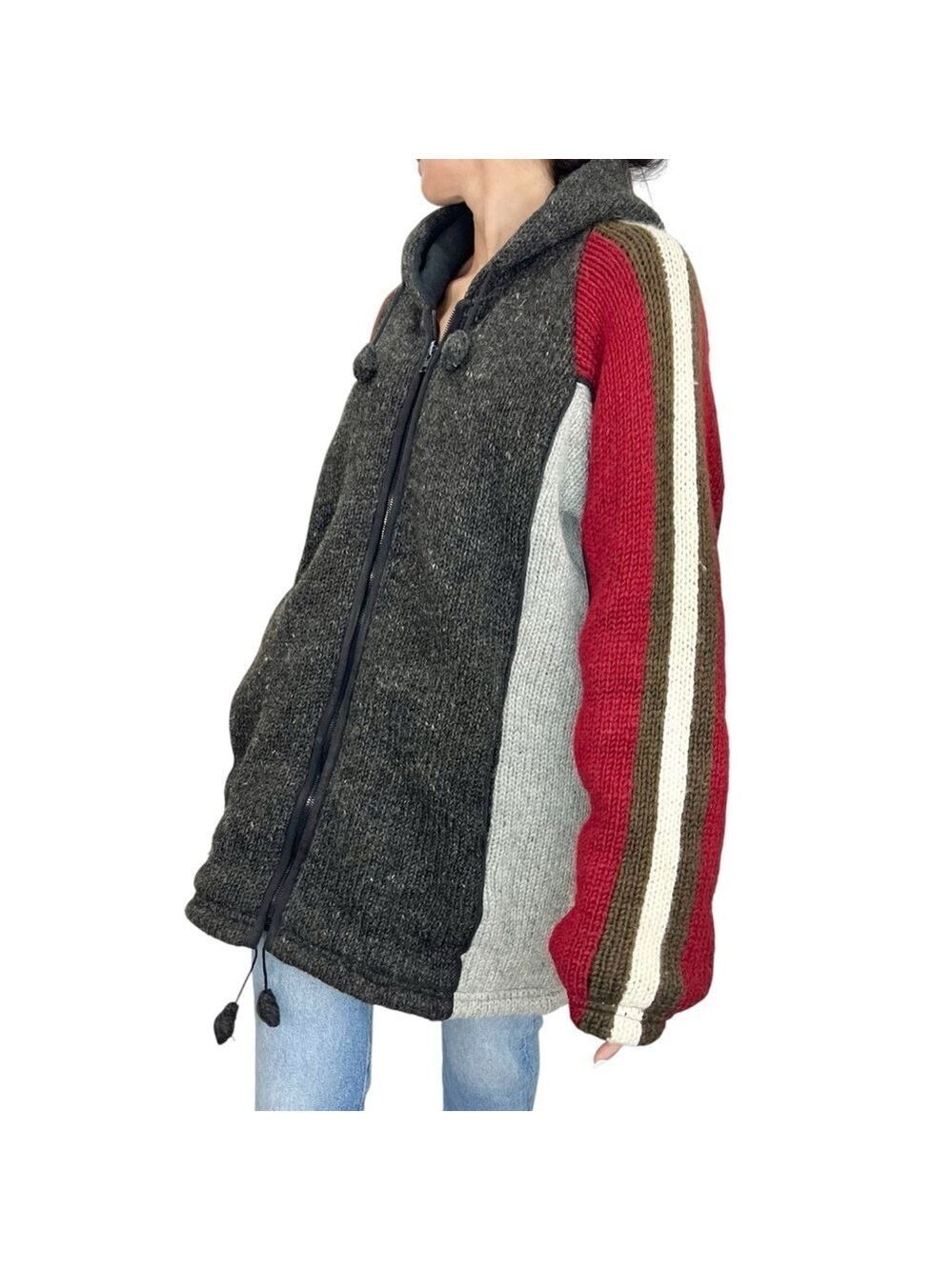 Made in Nepal 100% wool grey stripe hooded thick fleece lined sweater coat XL